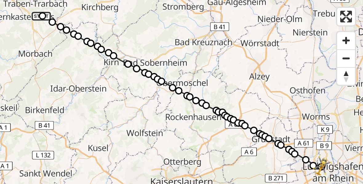 Flugroute Rettungshubschrauber Traben-Trarbach - Ludwigshafen Accident Hospital, 23 Juni 2026, 08:49