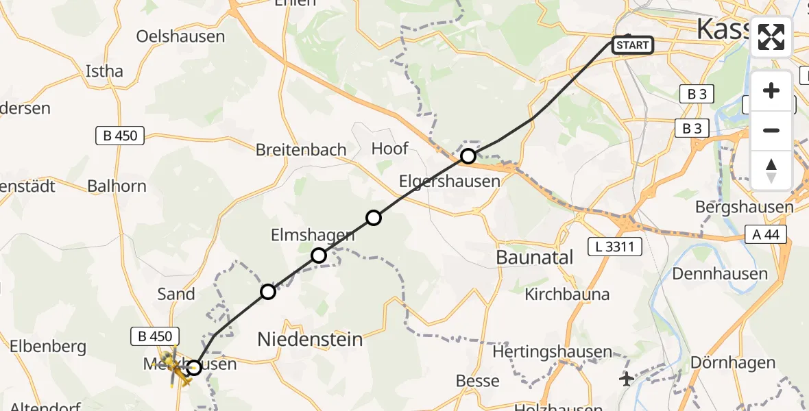Flugroute Rettungshubschrauber Kassel - Bad Emstal, 23 Juni 2026, 08:50