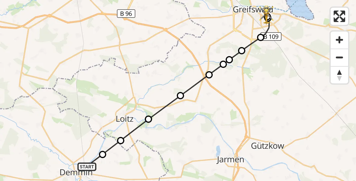 Flugroute Rettungshubschrauber Demmin - Greifswald Hospital, 23 Juni 2026, 08:52