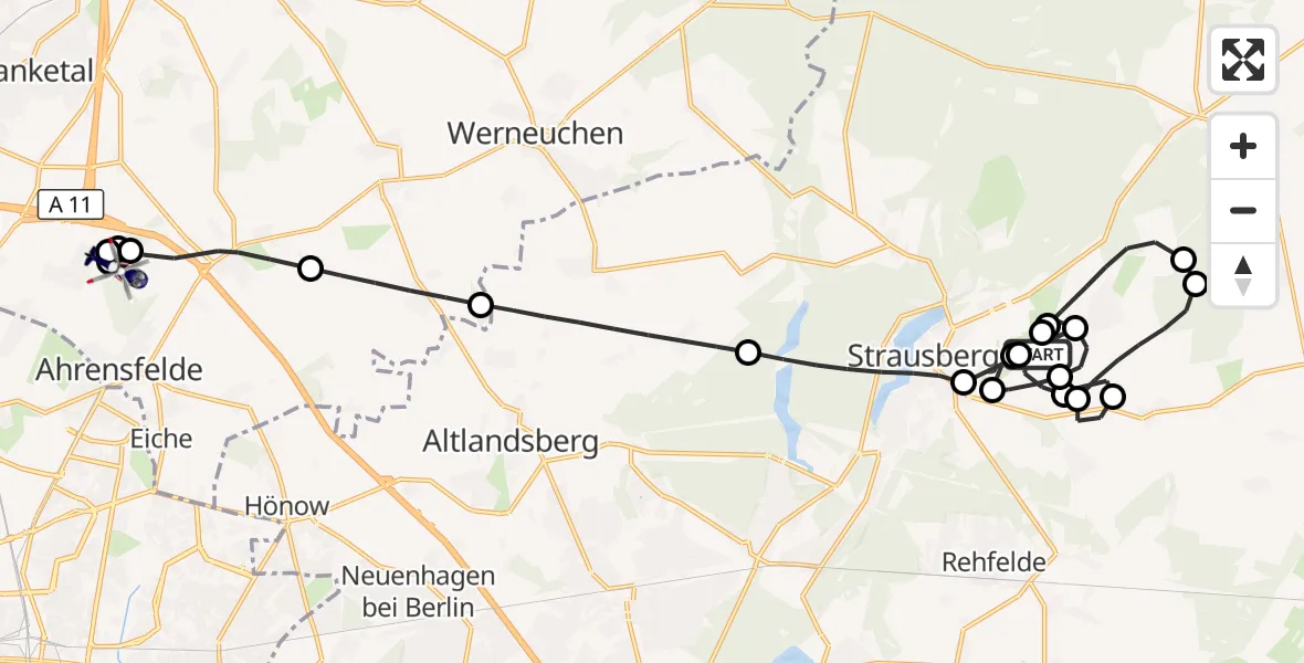 Flugroute Polizeihubschrauber Strausberg - Ahrensfelde Hubschrauberlandeplatz, 23 Juni 2026, 08:53