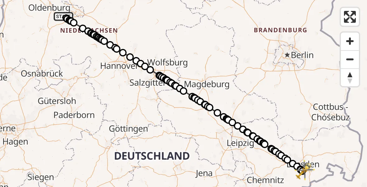 Flugroute Rettungshubschrauber Ganderkesee - Kreischa, 23 Juni 2026, 08:53