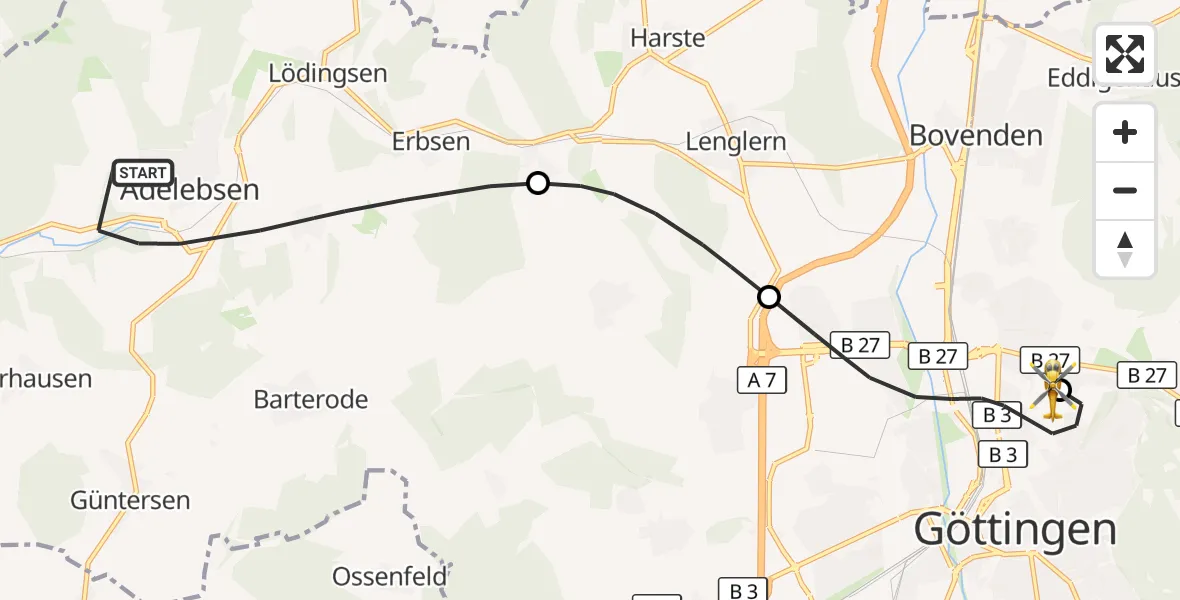 Flugroute Rettungshubschrauber Adelebsen - Göttingen University Clinic Hubschrauberlandeplatz, 23 Juni 2026, 08:54