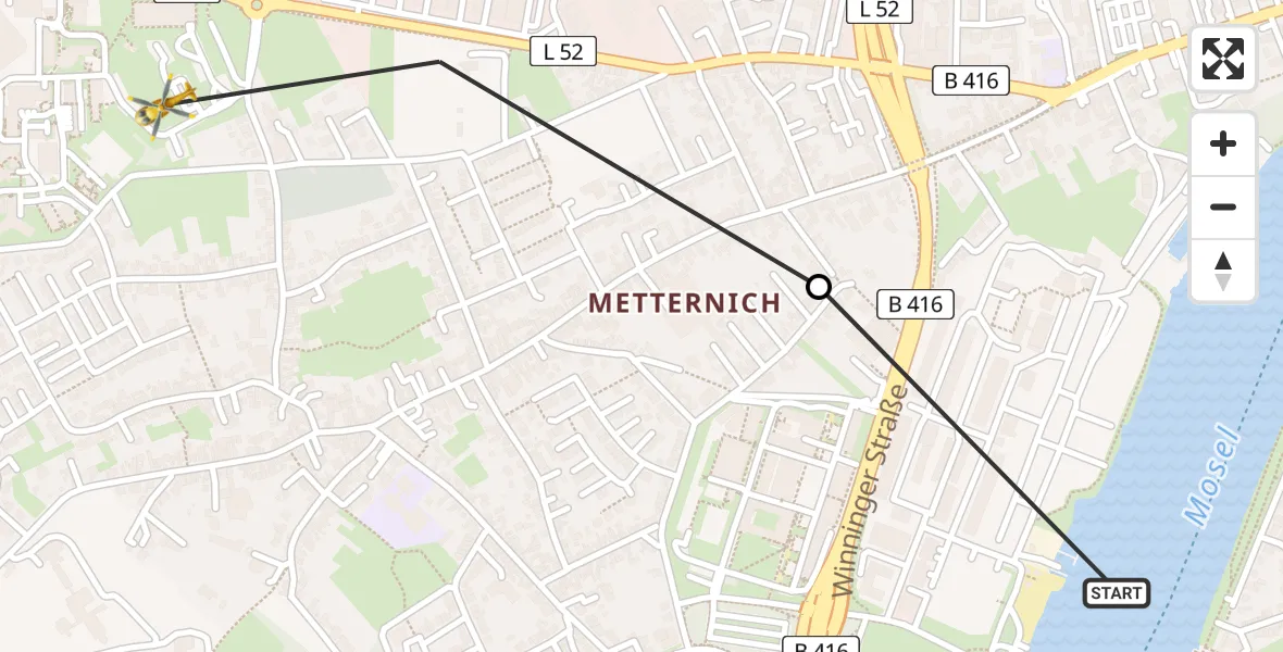 Flugroute Rettungshubschrauber Katholisches Klinikum Marienhof Koblenz Hubschrauberlandeplatz - Koblenz, 23 Juni 2026, 08:56