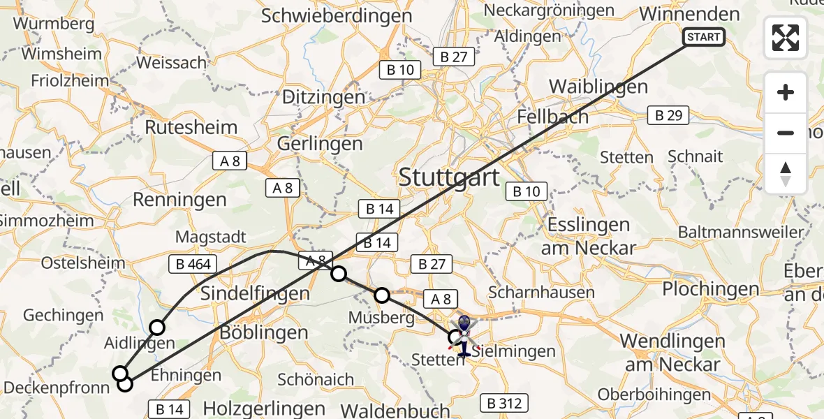 Flugroute Polizeihubschrauber Winnenden - Flughafen Stuttgart, 23 Juni 2026, 08:55