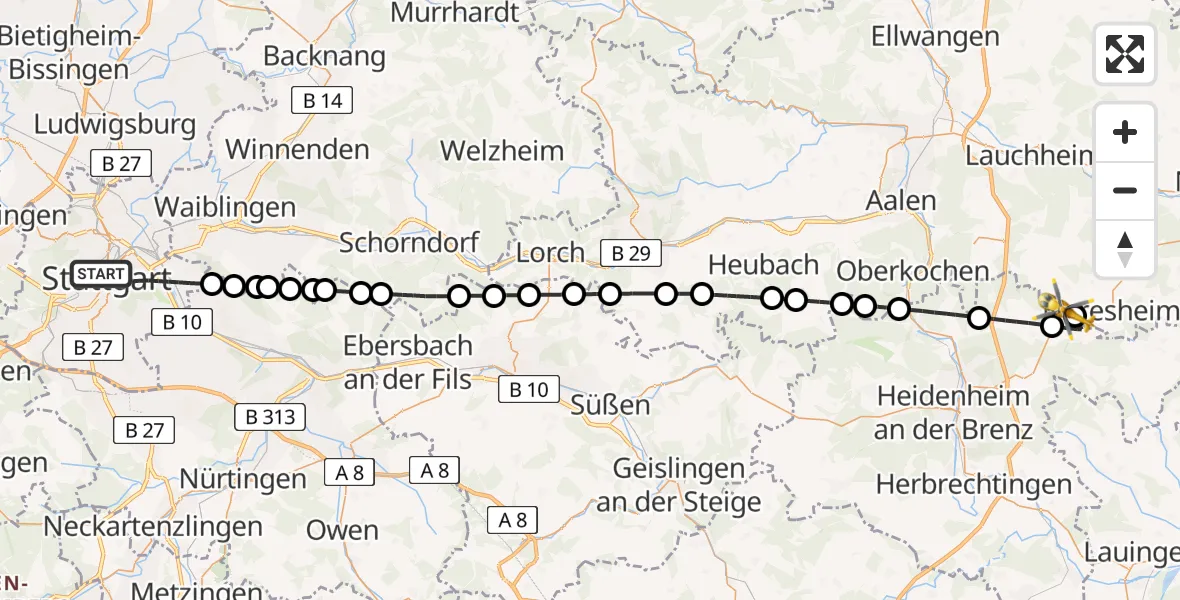 Flugroute Rettungshubschrauber Stuttgart - Nattheim, 23 Juni 2026, 08:58