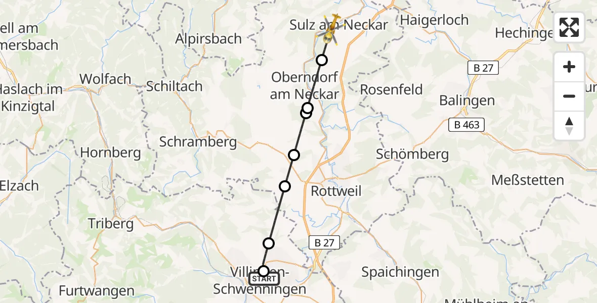 Flugroute Ambulanzhubschrauber DRF Air Rescue Station Villingen-Schwenningen Hubschrauberlandeplatz (Christoph 11) - Sulz am Neckar, 23 Juni 2026, 08:59