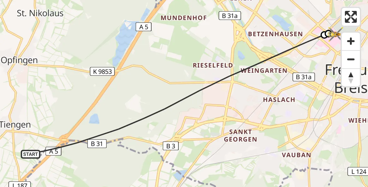 Flugroute Ambulanzhubschrauber Freiburg im Breisgau - Freiburg University Hospital Heliport 1, 23 Juni 2026, 08:59