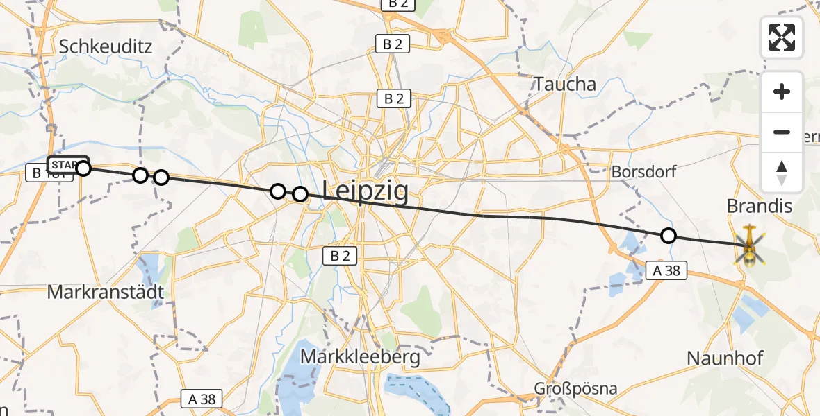 Flugroute Rettungshubschrauber ADAC Air Rescue Station Leipzig/Schkeuditz-Dölzig Hubschrauberlandeplatz (Christoph 61) - Brandis, 23 Juni 2026, 09:00