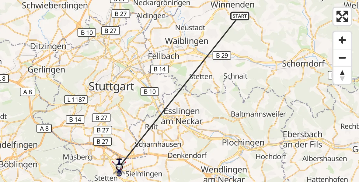 Flugroute Polizeihubschrauber Winnenden - Flughafen Stuttgart, 23 Juni 2026, 09:09