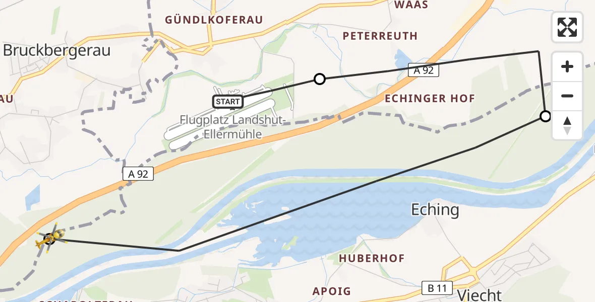 Flugroute Rettungshubschrauber Landshut Flugplatz - Bruckberg, 23 Juni 2026, 09:13