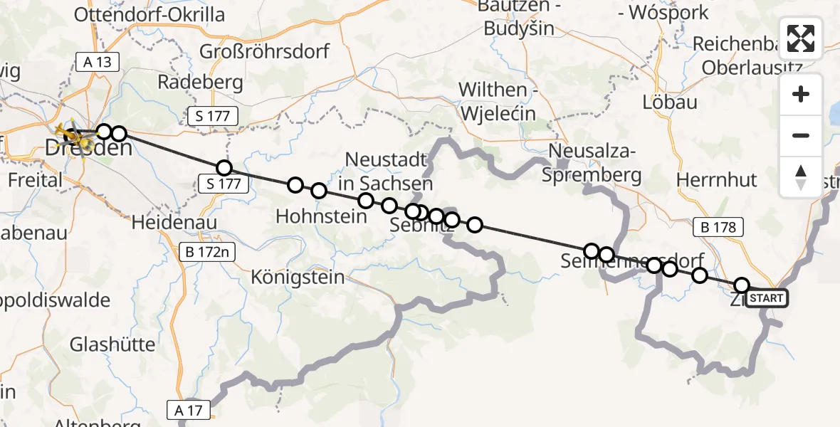 Flugroute Rettungshubschrauber Zittau - Dresden Friedrichstadt Hospital, 23 Juni 2026, 09:15