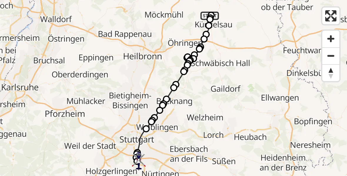 Flugroute Polizeihubschrauber Ingelfingen-Bühlhof Flugplatz - Flughafen Stuttgart, 23 Juni 2026, 09:18