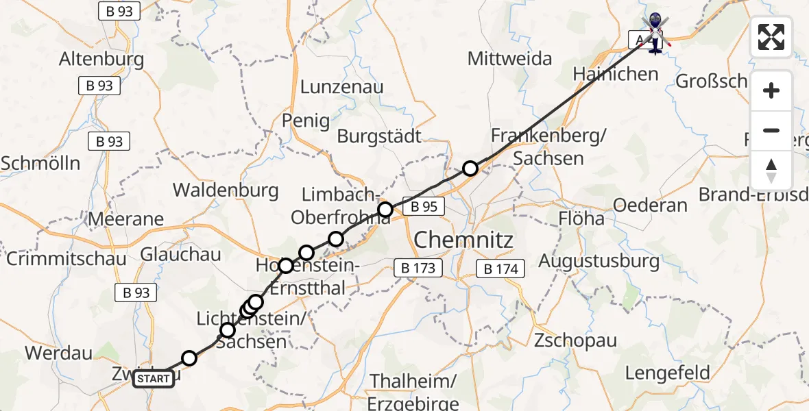 Flugroute Polizeihubschrauber Zwickau - Striegistal, 23 Juni 2026, 09:19