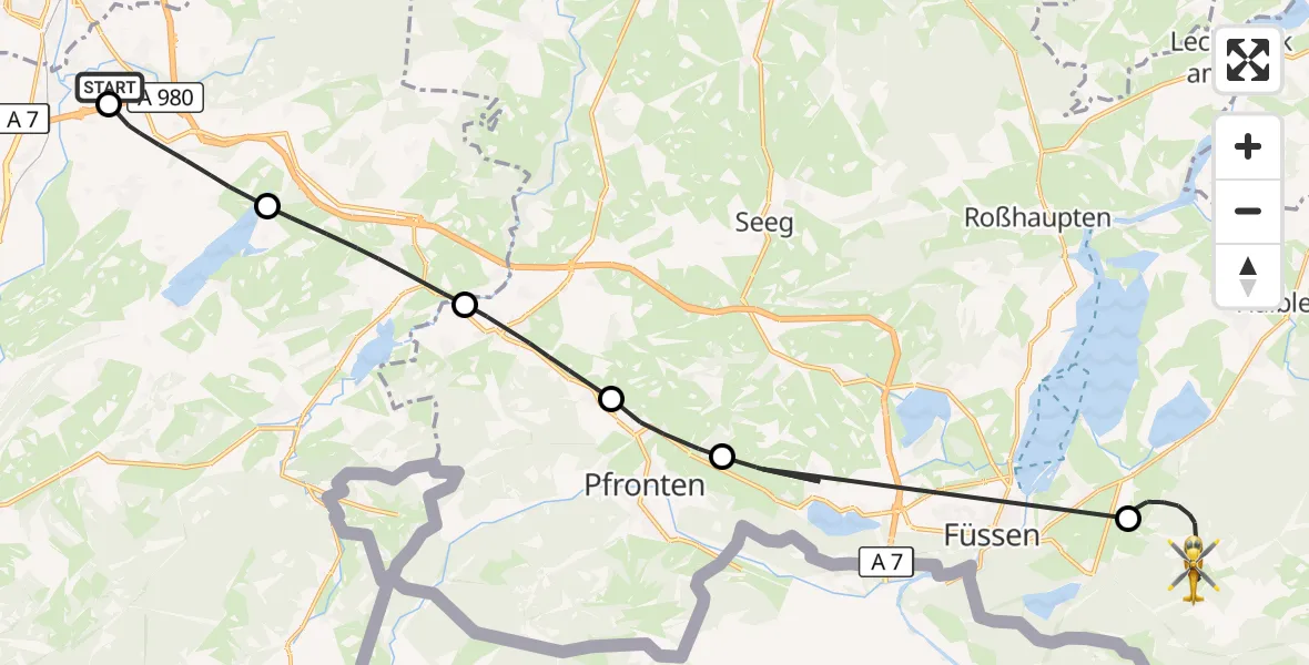 Flugroute Rettungshubschrauber Kempten-Durach Flugplatz - Schwangau, 23 Juni 2026, 09:20