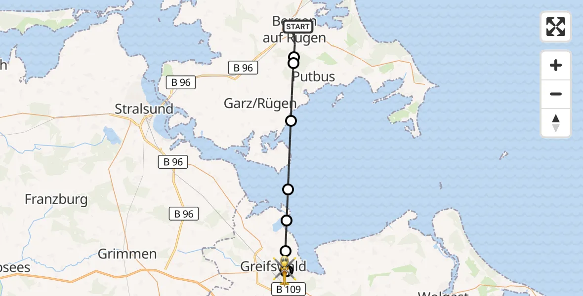Flugroute Rettungshubschrauber Bergen auf Rügen - Greifswald Hospital, 23 Juni 2026, 09:21