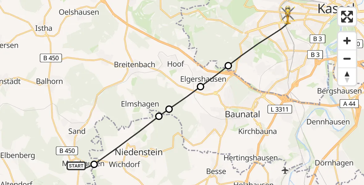 Flugroute Rettungshubschrauber Bad Emstal - Kassel, 23 Juni 2026, 09:21