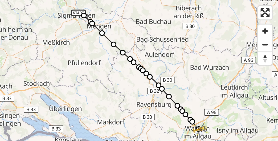 Flugroute Rettungshubschrauber Sigmaringen - Westallgäu Clinic Wangen Hubschrauberlandeplatz, 23 Juni 2026, 09:22