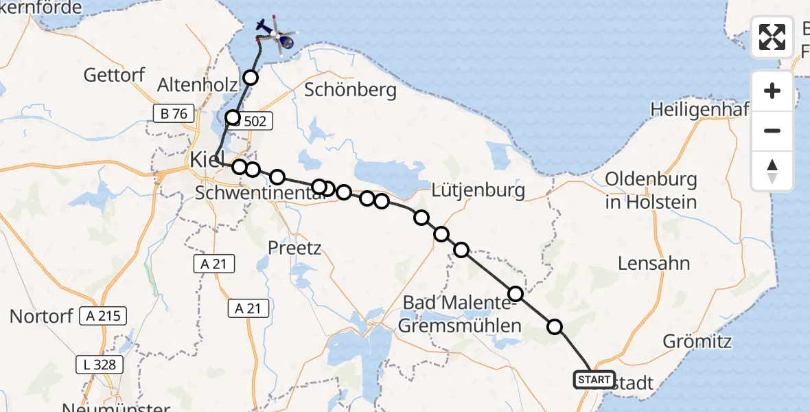 Flugroute Polizeihubschrauber Altenkrempe - Laboe, 23 Juni 2026, 09:23