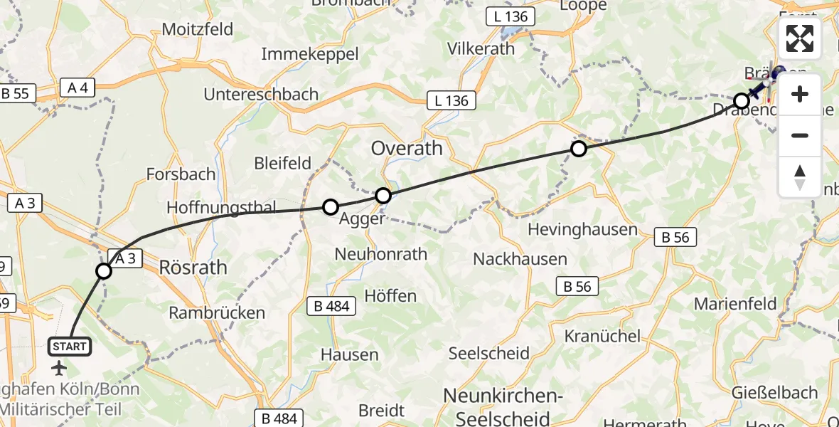 Flugroute Polizeihubschrauber Köln Bonn Flughafen - Wiehl, 23 Juni 2026, 09:24