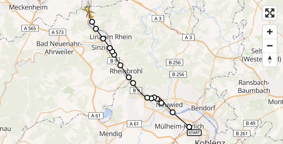 Flugroute Rettungshubschrauber Koblenz - Remagen, 23 Juni 2026, 09:26