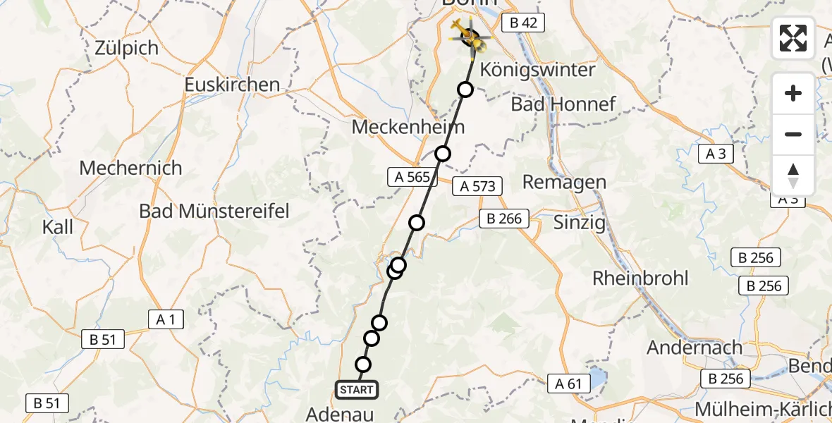 Flugroute Ambulanzhubschrauber Leimbach - Bonn University Hospital, 23 Juni 2026, 09:26