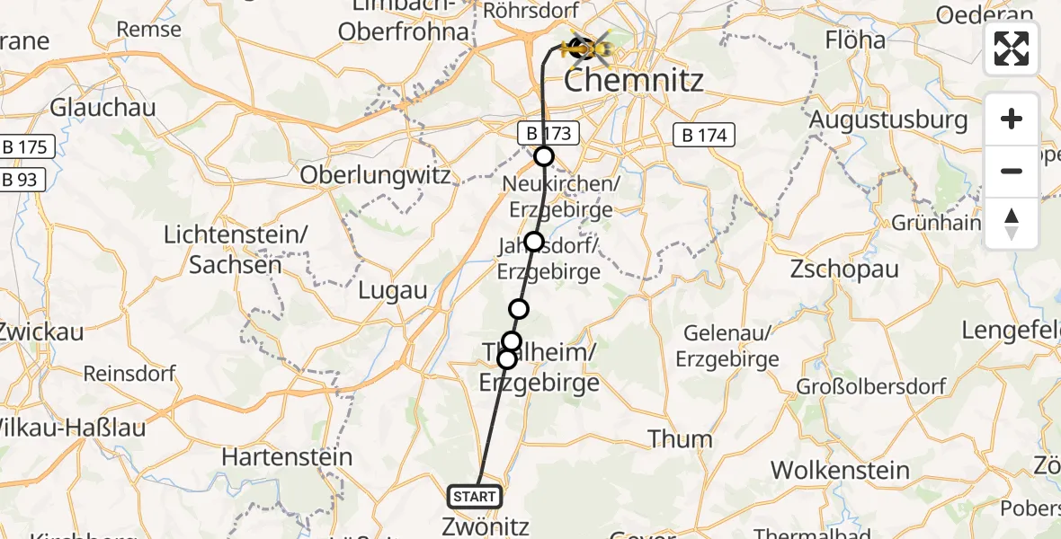 Flugroute Rettungshubschrauber Zwönitz - Flemmingstraße Hospital Rooftop, 23 Juni 2026, 09:32