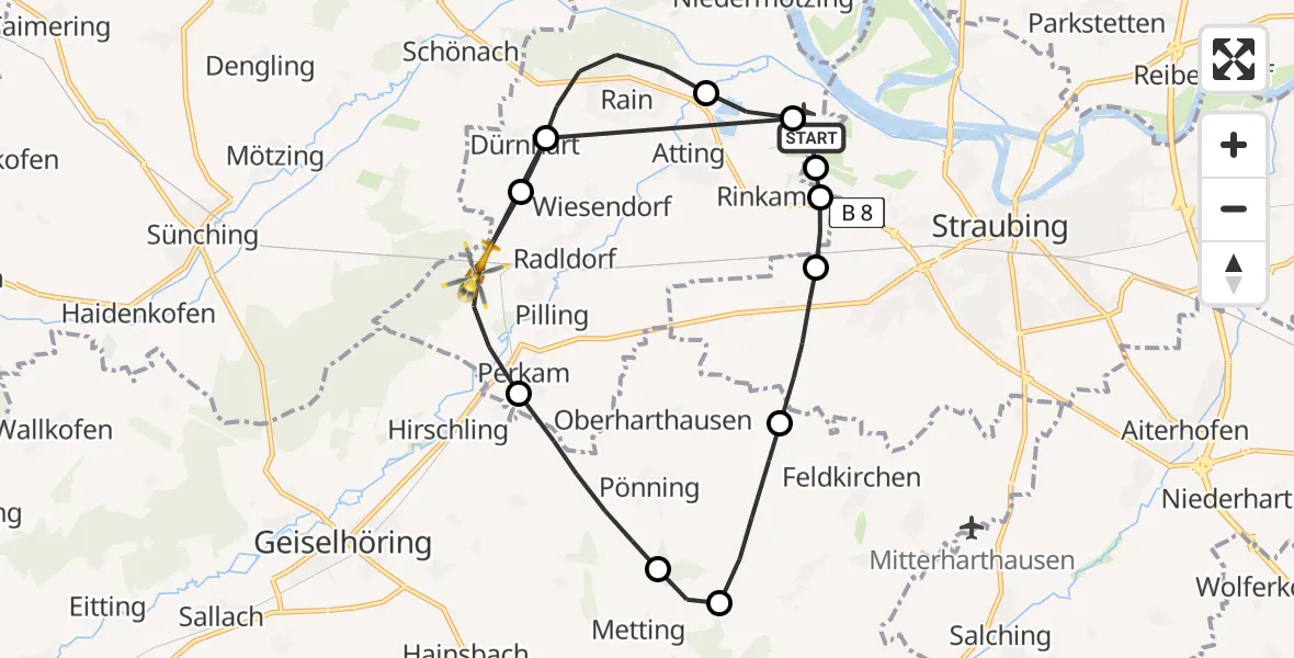 Flugroute Ambulanzhubschrauber Straubing Flughafen - Perkam, 23 Juni 2026, 09:38