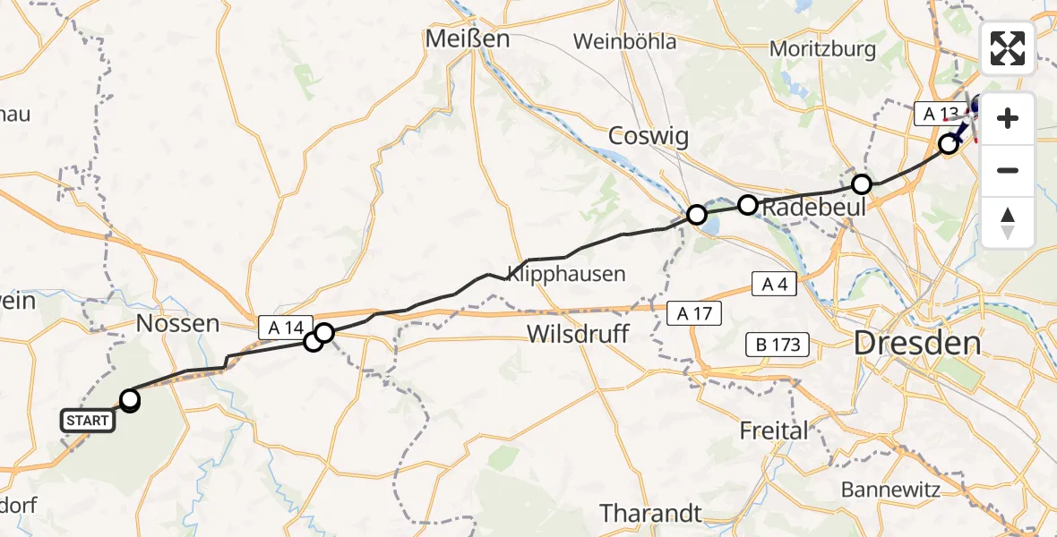 Flugroute Polizeihubschrauber Nossen - Dresden Flughafen, 23 Juni 2026, 09:40