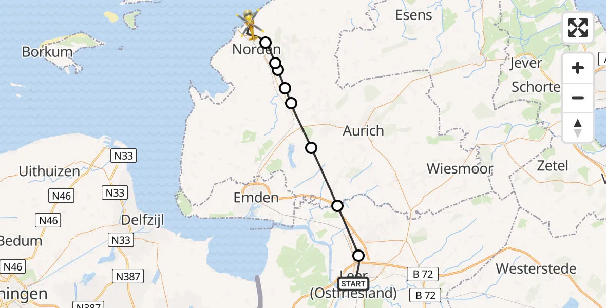Flugroute Ambulanzhubschrauber Leer (Ostfriesland) - Norden-Norddeich Flughafen, 23 Juni 2026, 09:43