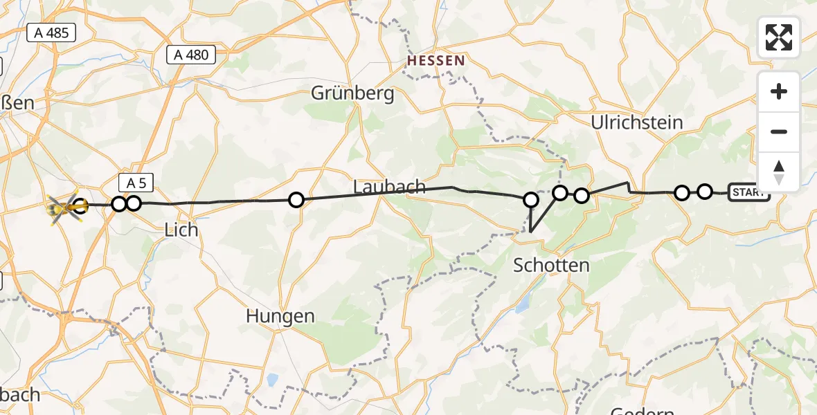 Flugroute Rettungshubschrauber Herbstein - Pohlheim Flugplatz, 23 Juni 2026, 09:44