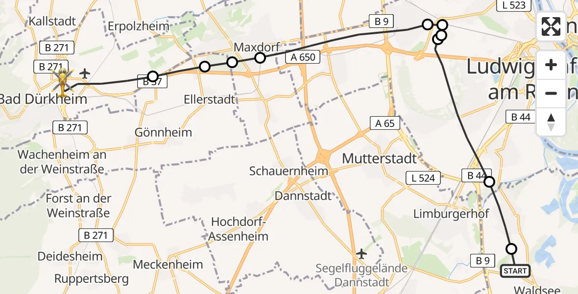 Flugroute Rettungshubschrauber Waldsee - Bad Dürkheim, 23 Juni 2026, 09:54
