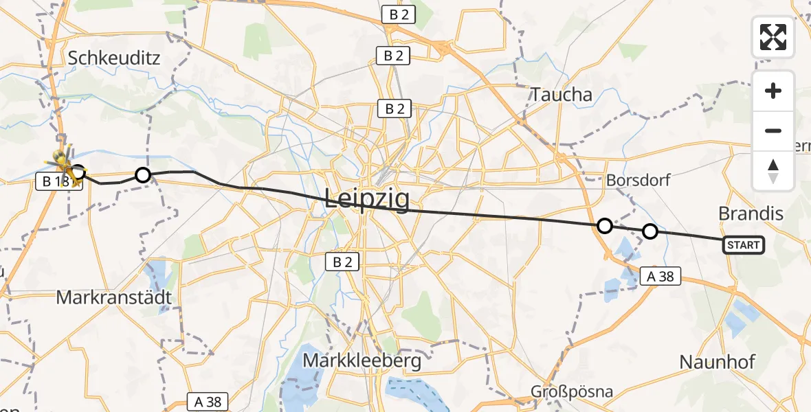 Flugroute Rettungshubschrauber Brandis - ADAC Air Rescue Station Leipzig/Schkeuditz-Dölzig Hubschrauberlandeplatz (Christoph 61), 23 Juni 2026, 09:58