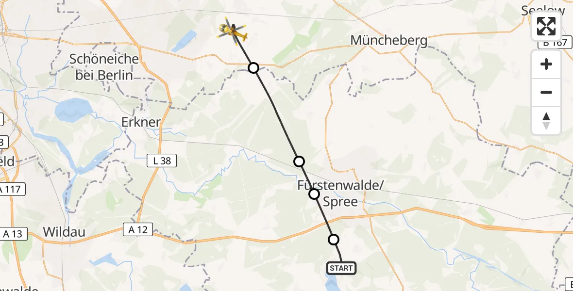 Flugroute Rettungshubschrauber Bad Saarow - Rehfelde, 23 Juni 2026, 10:06