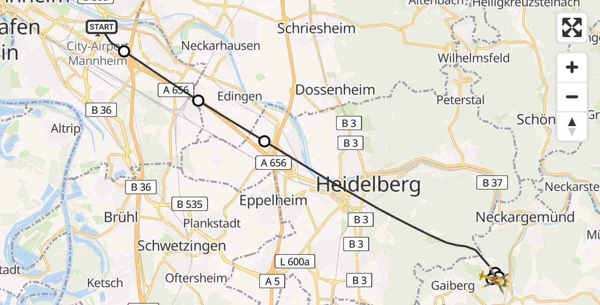 Flugroute Rettungshubschrauber Mannheim-City Flughafen - Bammental, 23 Juni 2026, 10:11