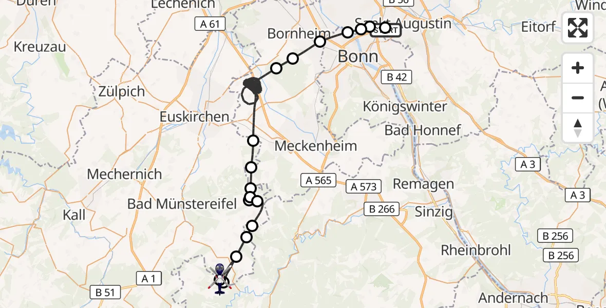 Flugroute Polizeihubschrauber Bonn-Hangelar Flugplatz - Hümmel, 23 Juni 2026, 10:13