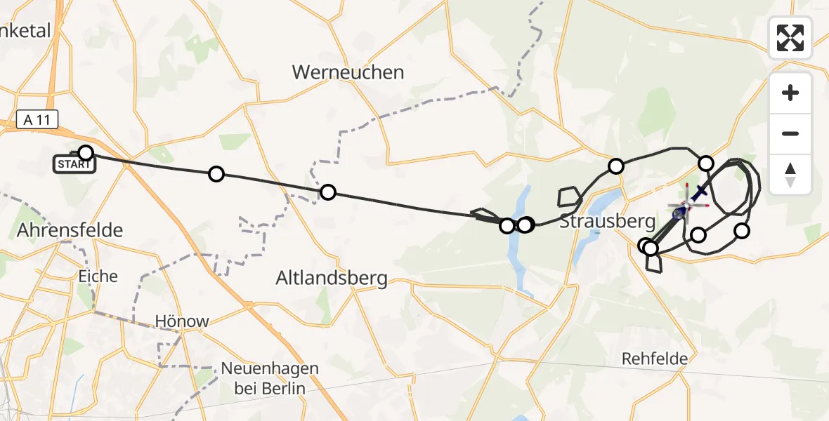 Flugroute Polizeihubschrauber Ahrensfelde Hubschrauberlandeplatz - Strausberg, 23 Juni 2026, 10:16