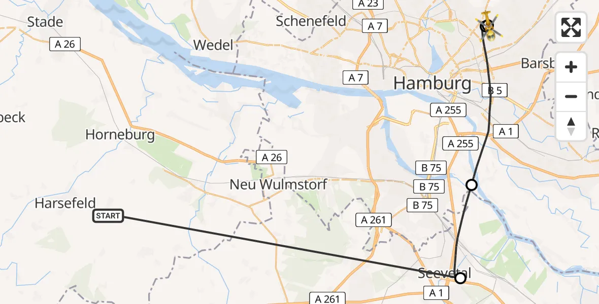 Flugroute Rettungshubschrauber Harsefeld - Hamburg Military Hospital, 23 Juni 2026, 10:17