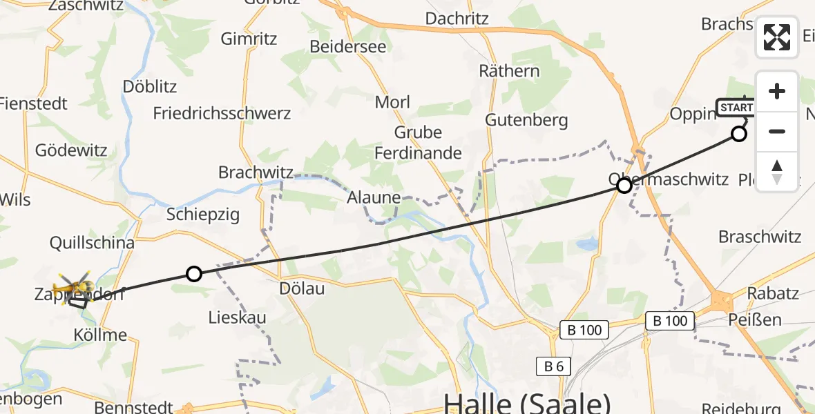 Flugroute Rettungshubschrauber Halle-Oppin Flugplatz - Salzatal, 23 Juni 2026, 10:17