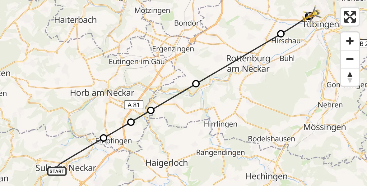 Flugroute Ambulanzhubschrauber Sulz am Neckar - Tübingen University Hospital, 23 Juni 2026, 10:20