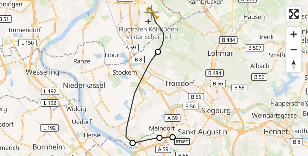 Flugroute Rettungshubschrauber Bonn-Hangelar Flugplatz - Köln Bonn Flughafen, 23 Juni 2026, 10:21