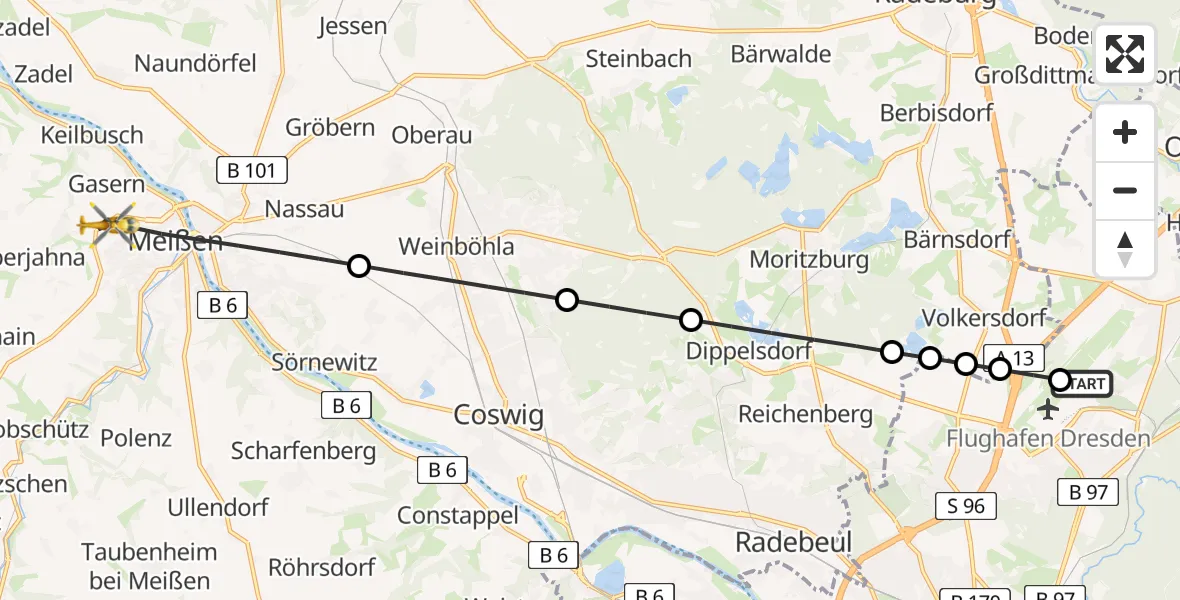 Flugroute Rettungshubschrauber Dresden Bundespolizei Hubschrauberlandeplatz - Meißen, 23 Juni 2026, 10:22