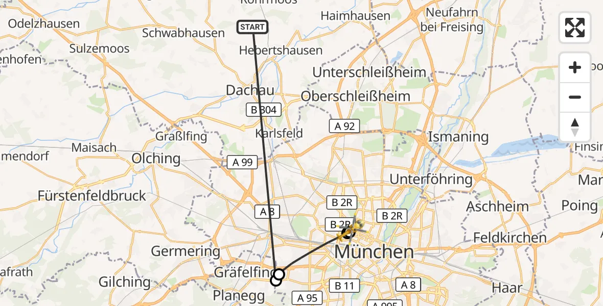 Flugroute Rettungshubschrauber Röhrmoos - Deutsches Herzzentrum München, 23 Juni 2026, 10:25