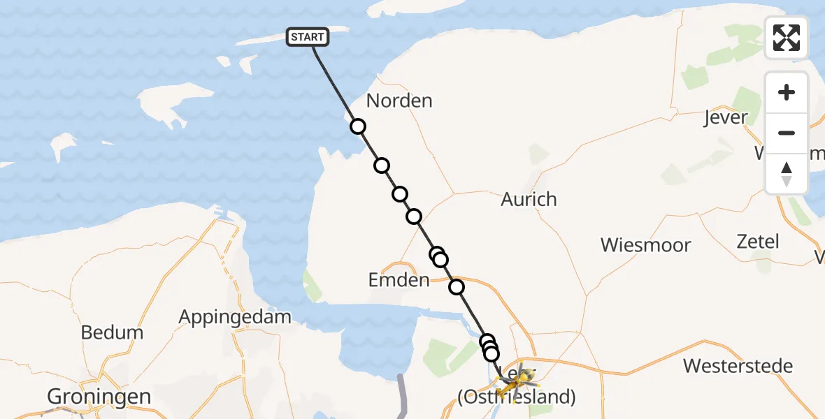 Flugroute Rettungshubschrauber Noordzee - Leer (Ostfriesland), 23 Juni 2026, 10:28
