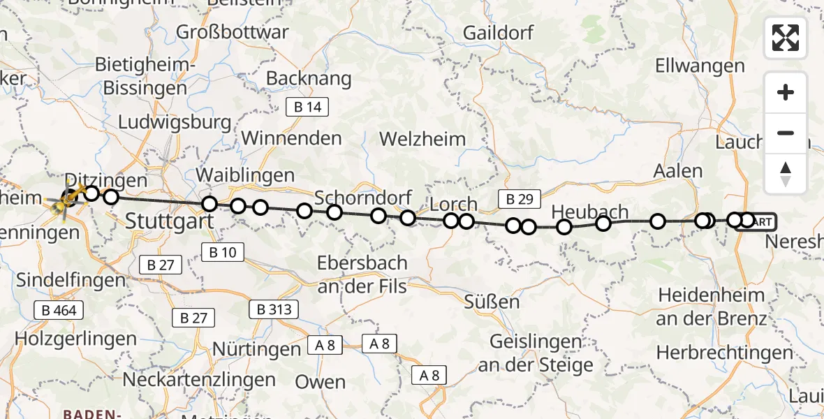 Flugroute Rettungshubschrauber Neresheim - Leonberg Hospital, 23 Juni 2026, 10:29