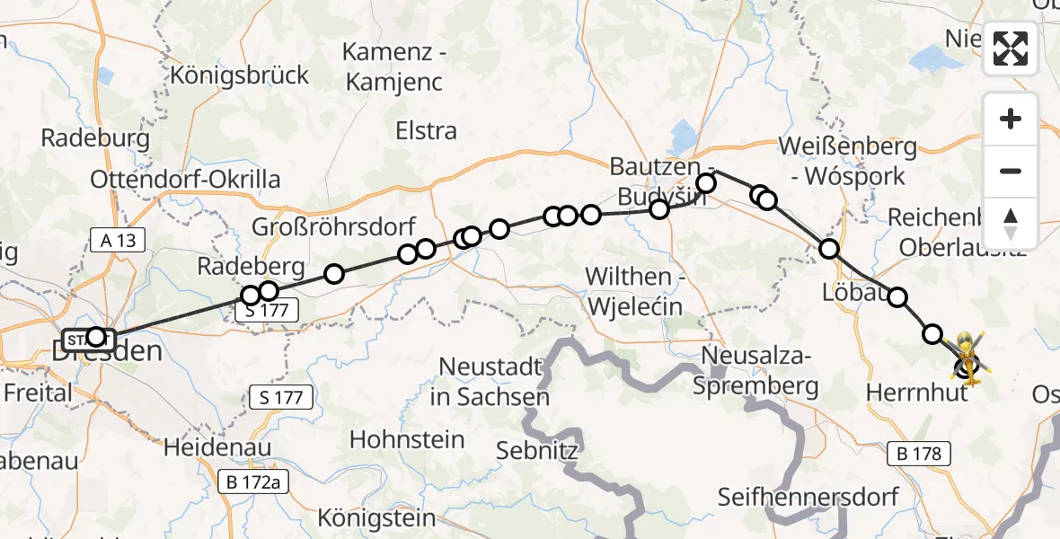 Flugroute Rettungshubschrauber Dresden Friedrichstadt Hospital - Bernstadt a.d.Eigen, 23 Juni 2026, 10:32