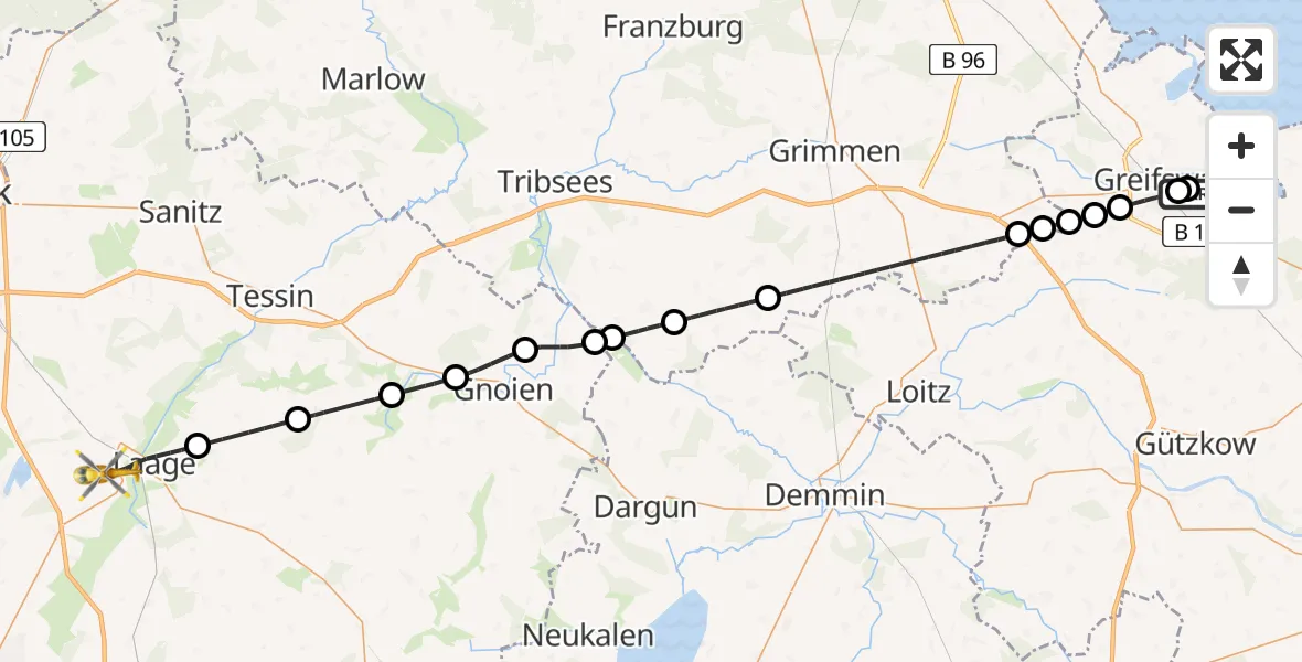 Flugroute Rettungshubschrauber Greifswald Hospital - Laage, 23 Juni 2026, 10:33