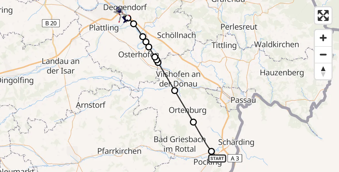 Flugroute Polizeihubschrauber Pocking - Deggendorf, 23 Juni 2026, 10:38