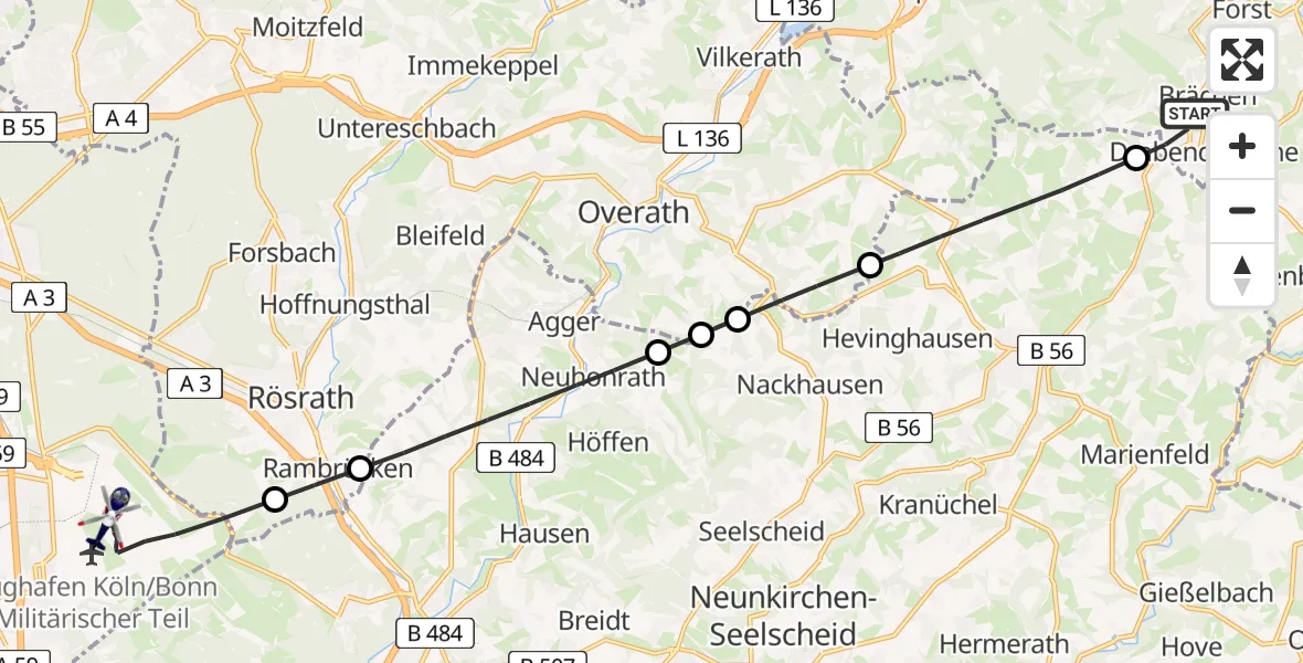 Flugroute Polizeihubschrauber Wiehl - Köln Bonn Flughafen, 23 Juni 2026, 10:42