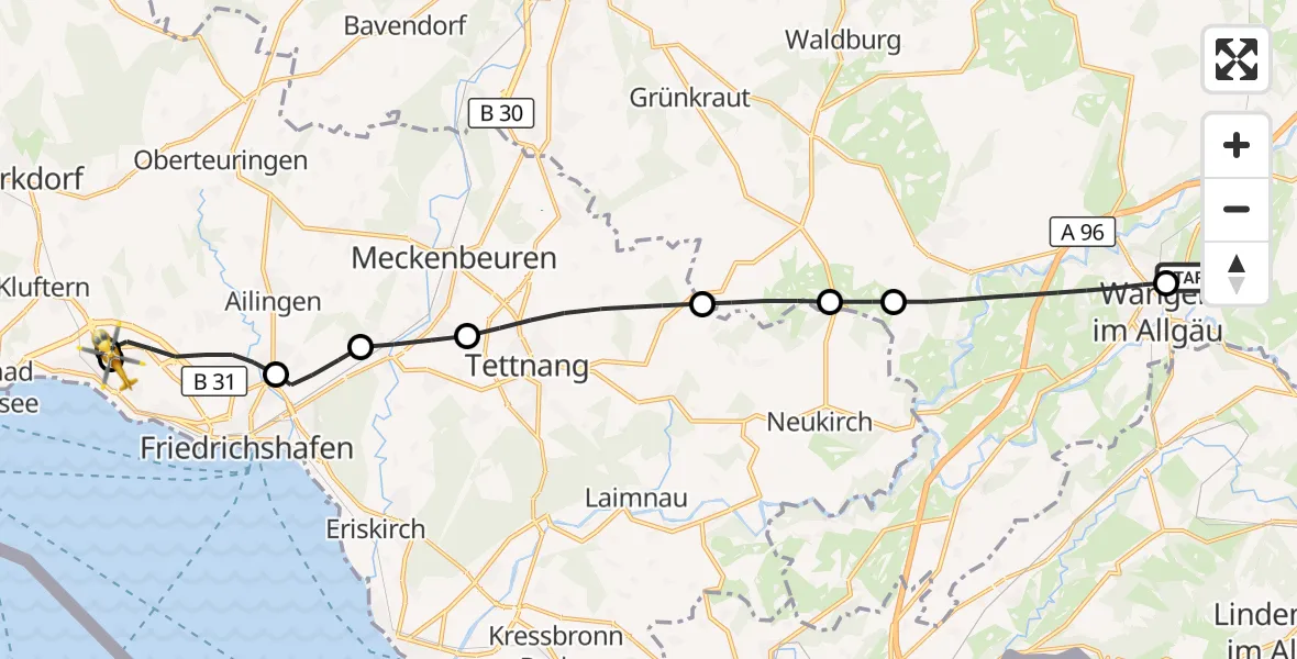 Flugroute Rettungshubschrauber Westallgäu Clinic Wangen Hubschrauberlandeplatz - Friedrichshafen Hospital, 23 Juni 2026, 10:42