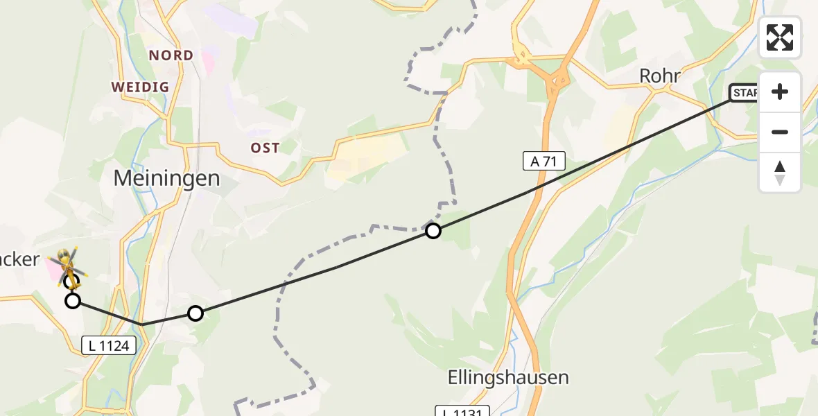 Flugroute Rettungshubschrauber Rohr - Helios Clinic Meiningen, 23 Juni 2026, 10:47